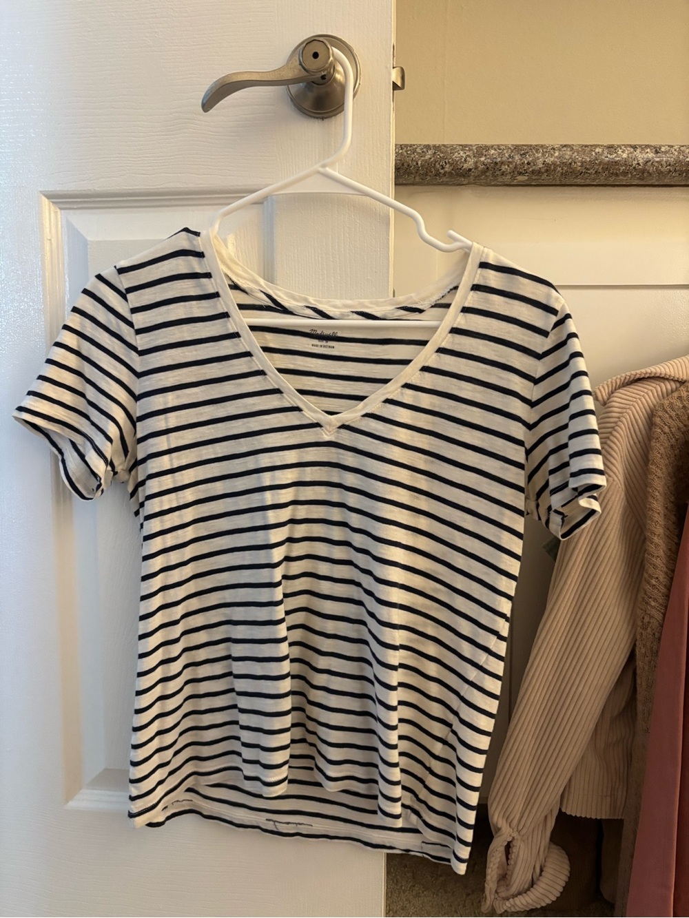 Madewell Navy and White Striped V-Neck Tee
